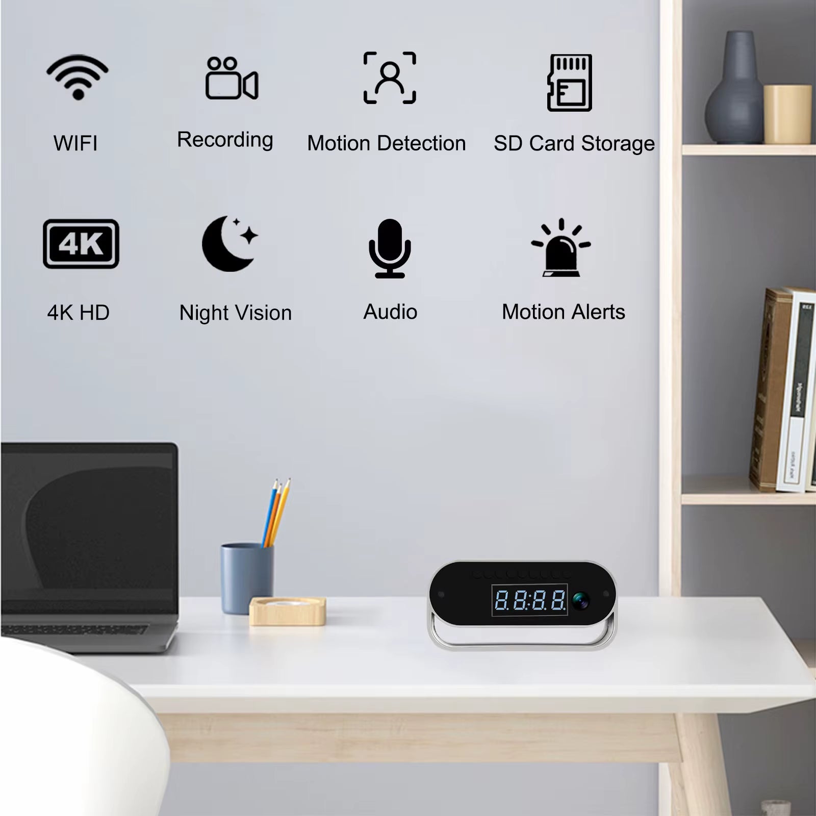 4K HD Camera Clock - Covert Surveillance Camera with Wifi, Night Vision, Motion Detection, Remote View, Recording, App, Battery